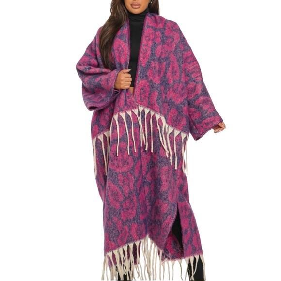 Purple Blanket Kimono ONE SIZE Cardigan Western Cowgirl Longline Fringe Duster - Picture 2 of 9